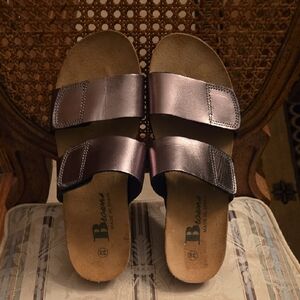 Metallic Leather Dual Strap Slide Sandals Made Spain